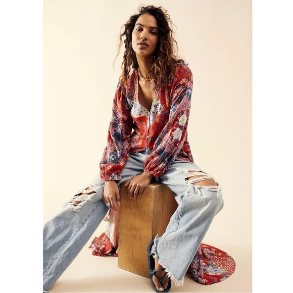 Free People Bohemian Gypsy Maxi Dress Duster Red Retro 70s Festival Size Large - Picture 9 of 14